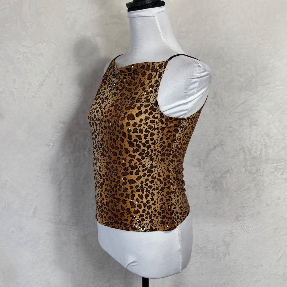 Y2K Leopard Print Crop Top Sequins M Fits S XS Fitted Cami‎ Mob Wife Glam Party - Picture 5 of 13